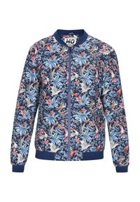 Blommig bomberjacka i marinblått, med en blandning av blå och röda blommor, tropiska blad och fåglar. Ribbad detalj vid ärmsluten och nederkant.