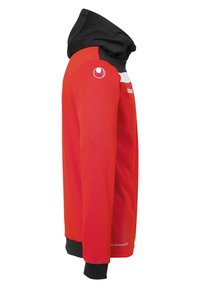 Hoodie rosso con cappuccio nero, dettagli bianchi e polsini neri. Realizzato in tessuto morbido con vestibilità aderente. Presenta un logo sulla manica.
