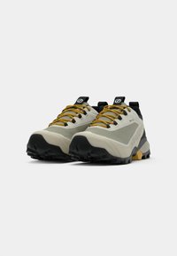 Zapatillas de trail running de color gris claro con suelas de goma negra, cordones amarillos y paneles laterales texturizados, con una lengüeta en el talón.