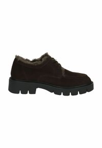 Scarpe in suede marrone con lacci, suola in gomma nera spessa e rivestimento in pelliccia sintetica lungo il colletto. Punta rotonda e dettagli di cucitura.
