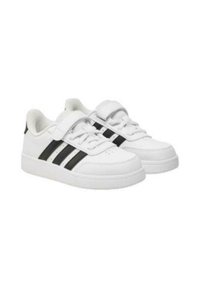 Sneaker bianche in materiale sintetico con tre righe nere, colletto imbottito e suola piatta in gomma. Presenta sia lacci che una cinghia.