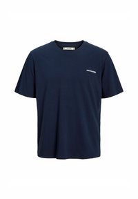 T-shirt bleu marine à manches courtes avec col rond et petit logo blanc "JACK & JONES" sur la poitrine gauche.