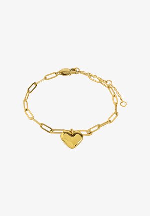 Złota bransoletka z dużymi ogniwami w kształcie spinaczy do papieru oraz błyszczącym zawieszką w kształcie serca. Projekt zawiera zapięcie i regulowany łańcuszek.