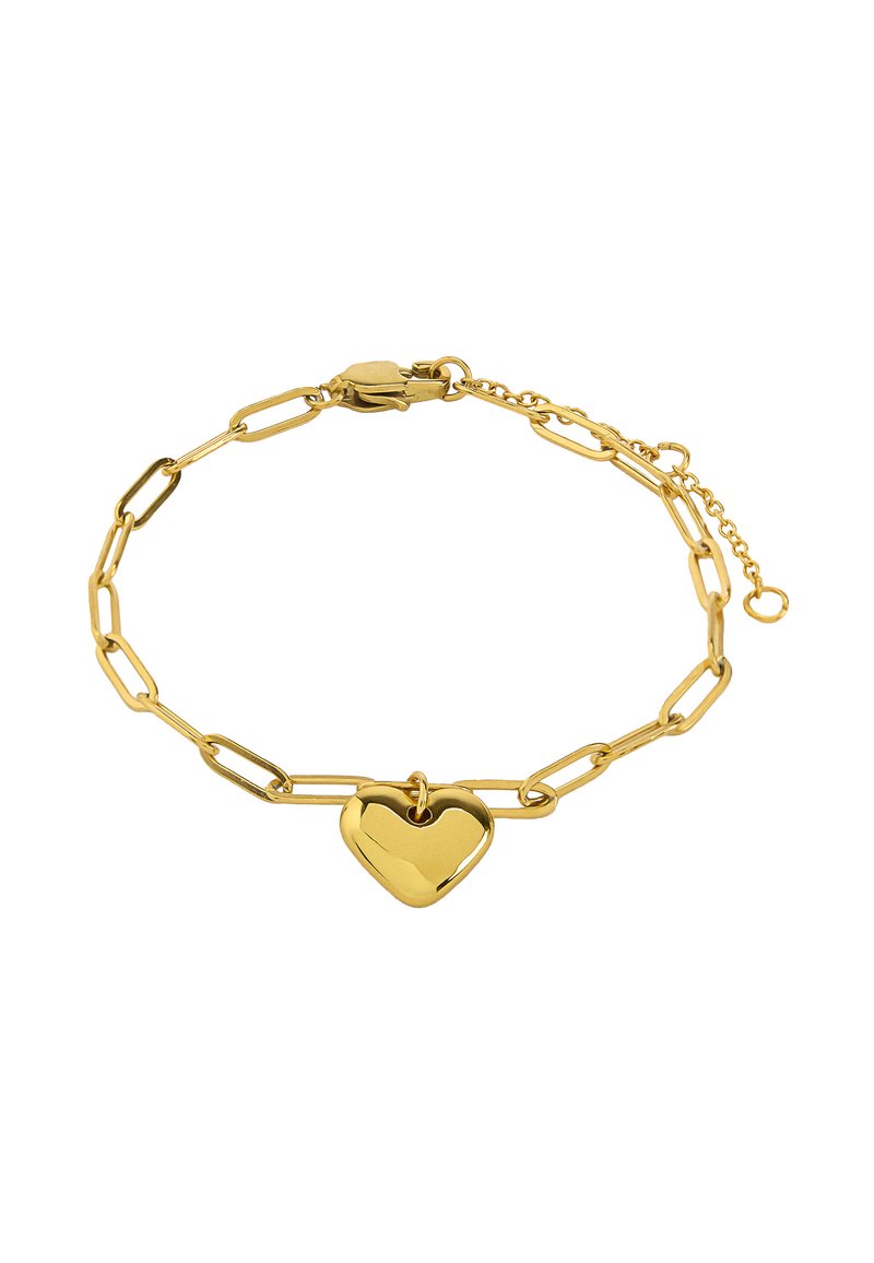 Złota bransoletka z dużymi ogniwami w kształcie spinaczy do papieru oraz błyszczącym zawieszką w kształcie serca. Projekt zawiera zapięcie i regulowany łańcuszek.