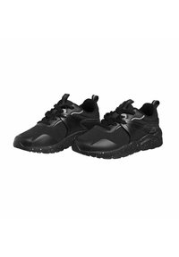 Zwarte sportschoenen van mesh en synthetische materialen, ronde neus, vetersluiting en een gespikkelde structuurzool.