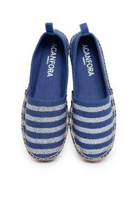 Scarpe slip-on in tessuto blu con strisce orizzontali argento, texture intrecciata, punta rotonda e cuciture a contrasto lungo la suola. Marca visibile sulla soletta.