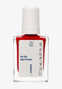 Röd nagellack i en klar rektangulär flaska med ett vitt lock och en blå textetikett som anger märke och volym (11 mL).