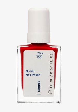 Red nail polish in a clear rectangular bottle with a white cap and blue text label, indicating brand and volume (11 mL).