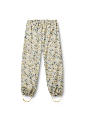 Pantalons à motif floral en beige clair avec des accents bleus et verts, taille élastique et poignets froncés avec détails en boucle jaune.