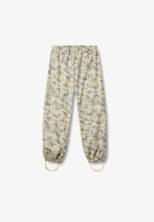 Hose mit floralem Muster in hellbeige mit blauen und grünen Akzenten, elastischem Bund und gerafften Säumen mit gelben Schlaufen-Details.