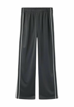 Mustad laiade säärtega püksid, millel on elastne vöökoht ja valged vertikaalsed triibud mööda väliseid õmblusi, laotatud lamades valgel taustal.