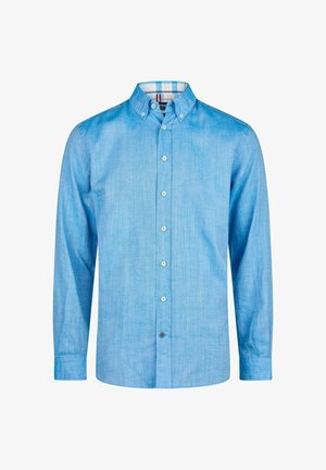 Hellblaues Button-Down-Hemd mit Kragen, langen Ärmeln und einer strukturierten Stoffqualität. Verfügt über weiße Knöpfe und ein kariertes Muster im Kragen.