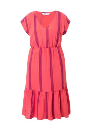 Rosa knielanges Kleid mit lila vertikalen Streifen, V-Ausschnitt, kurzen Ärmeln und gerafftem Bund, mit einem ausgestellt gerafften Saum.