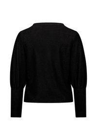 Schwarzer Pullover mit langen Ärmeln und einer strukturierten, schimmernden Optik. Verfügt über voluminöse Ärmel und einen runden Halsausschnitt.