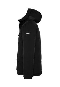 Chaqueta negra acolchada con capucha desmontable, cierre frontal con cremallera y bolsillos laterales. Cuenta con un parche con logo en el hombro izquierdo.