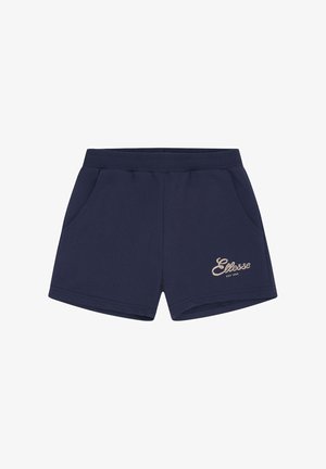 Marineblå shorts med elastisk linning, sidelommer og "Ellesse EST 1959"-logo på nedre høyre ben.