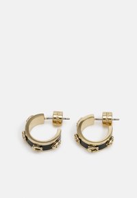 Gold-toned hoop earrings with black accents featuring decorative hardware details and a polished finish, secured with a stud closure.