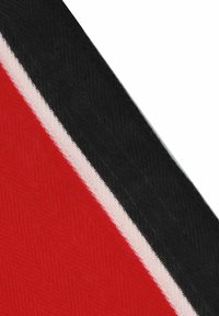 Red textile with a herringbone pattern, bordered by black and white stripes. The fabric has a smooth texture and a sharp diagonal cut.