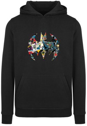 Felpa nera con cappuccio caratterizzata da una grande grafica a forma di pipistrello riempita con pannelli colorati di fumetti. Tessuto morbido con tasca frontale e polsini a coste.