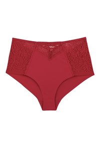 Culotte taille haute rouge avec des côtés en dentelle transparente et un panneau central uni. La dentelle présente un motif de feuilles ; le tissu semble lisse et extensible.