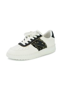 White leather sneaker featuring a black lace-up front, black accents, and a shiny, glittery side panel. Perforated toe for breathability.