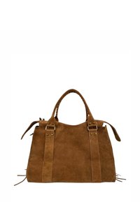 Sac à main en daim marron avec deux poignées supérieures, des sangles verticales ornées de clous en laiton et des tirettes de zip latérales sur fond blanc.