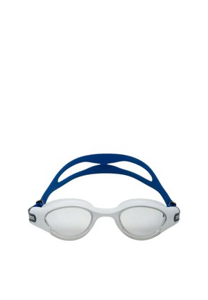 Occhialini da nuoto con lenti trasparenti e cinturino blu regolabile, progettati per sport acquatici e attività di nuoto.