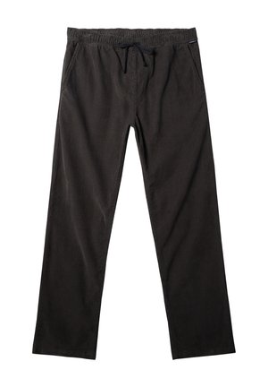 Black corduroy trousers with an elastic waistband, drawstring, and side pockets. The fabric features a subtle ribbed texture.