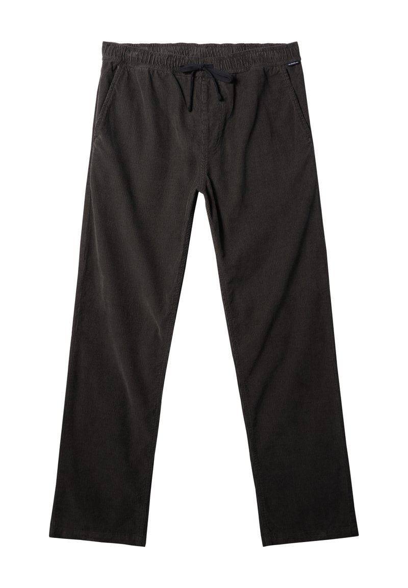 Zwarte corduroybroek met een elastische tailleband, aantrekkoord en zijzakken. De stof heeft een subtiele ribbeltextuur.