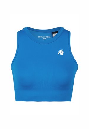 Niebieski sportowy krótki top bez rękawów z okrągłym dekoltem, małym białym logo goryla na lewej piersi oraz metką "GORILLA WEAR XS/S" wewnątrz kołnierza.
