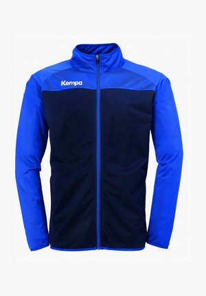 Blaue und marinefarbene Jacke mit Reißverschluss und hohem Kragen, mit glatter Textur und einem Kontrastfarben-Blockdesign, versehen mit dem Markenlogo "Kempa."