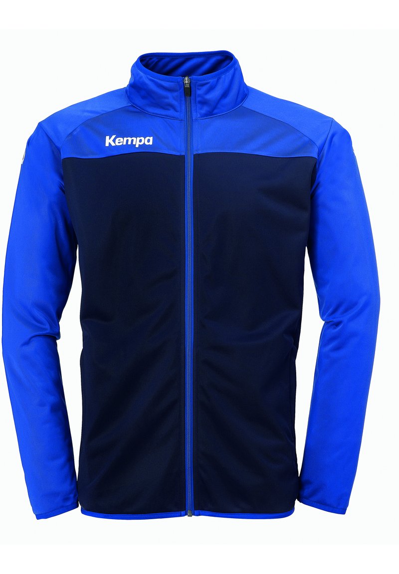 Blaue und marinefarbene Jacke mit Reißverschluss und hohem Kragen, mit glatter Textur und einem Kontrastfarben-Blockdesign, versehen mit dem Markenlogo "Kempa."
