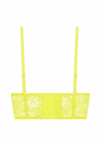 Neon yellow lace bra with adjustable straps, featuring floral patterns and a smooth texture. Back closure with hook-and-eye detail.