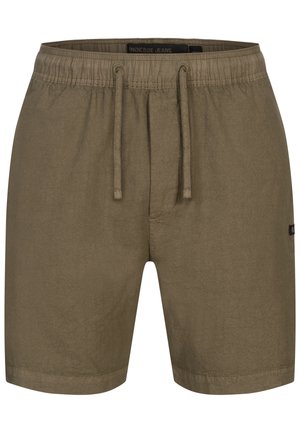 Shorts vert olive avec une taille élastique et un cordon de serrage, fabriqués en matériau léger. Présente un petit logo sur le côté.