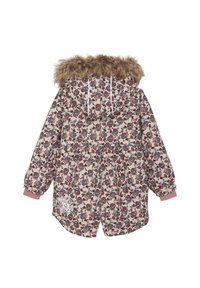 Blommig parkas, beige botten med rosa och burgundy blommor, huva med faux pälsfoder, elastiska ärmslut, justerbar dragsko, broderad detalj nära fållen.