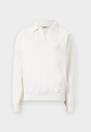 Maglione girocollo in cotone bianco sporco, con colletto polo, maniche lunghe e orlo a coste. Dettaglio del logo discreto sul petto.