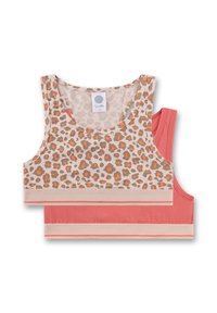 Zwei Sport-BHs: einer mit beigem Hintergrund und Leopardenmuster in Braun und Orange, der andere in einfarbigem Korall mit kontrastierendem Bund.