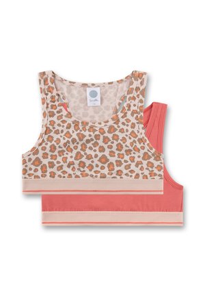 Zwei Sport-BHs: einer mit beigem Hintergrund und Leopardenmuster in Braun und Orange, der andere in einfarbigem Korall mit kontrastierendem Bund.