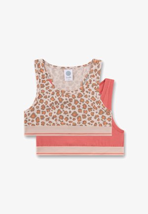 Zwei Sport-BHs: einer mit beigem Hintergrund und Leopardenmuster in Braun und Orange, der andere in einfarbigem Korall mit kontrastierendem Bund.
