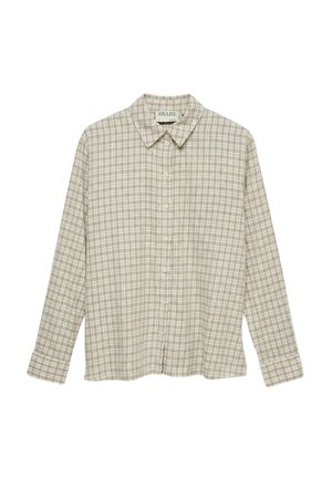 Chemise à manches longues à boutons avec motif à carreaux beige et marron clair, col pointu, étiquette intérieure au niveau du cou indiquant "AWARE".