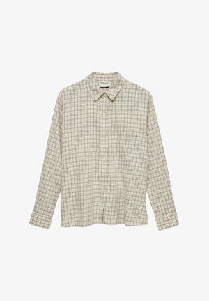 Chemise à manches longues à boutons avec motif à carreaux beige et marron clair, col pointu, étiquette intérieure au niveau du cou indiquant "AWARE".