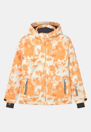 Chaqueta con capucha teñida anudada en blanco y naranja, con cremallera frontal, bolsillos laterales con cremallera y puños interiores negros con agujeros para los pulgares.