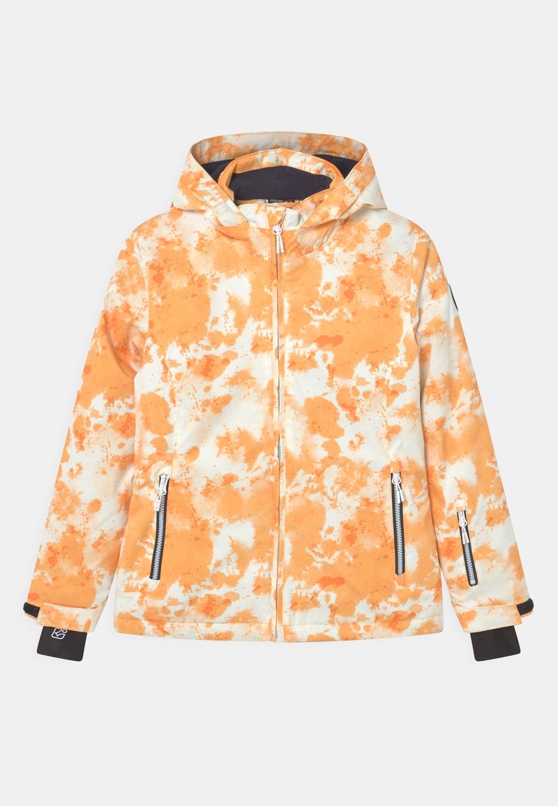 Veste à capuche tie-dye blanche et orange avec fermeture éclair frontale, poches latérales zippées et poignets intérieurs noirs avec trous pour les pouces.