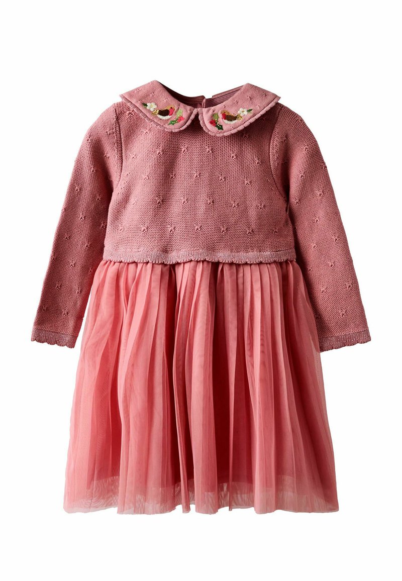 Roosa kootud kleit tekstuurse ülakehaga, tikitud krae ja kihilise tulelistest seelikuga. Pehme kangas klappserva detailiga.