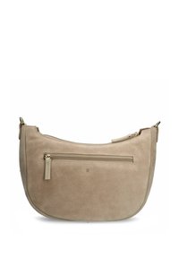 Beige Wildleder-Umhängetasche mit geschwungener Form, ausgestattet mit einer vorderen Reißverschlusstasche und goldenen Hardware-Akzenten. Texturierte matte Oberfläche.