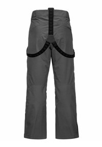 Pantaloni da neve grigi con schiena rinforzata, bretelle nere regolabili e due tasche laterali. Il materiale sembra essere resistente all'acqua e con una texture liscia.