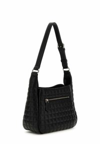 Sac à épaule noir matelassé avec une bandoulière réglable et une poche zippée à l'avant, incliné pour montrer les détails latéraux et frontaux.