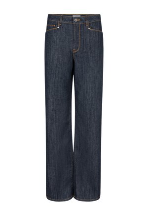 Donkerblauwe denim jeans met een recht ontwerp, vijf zakken, koperen stiksels en een knoopsluiting aan de voorkant. Glad textuur, middelhoge taille.