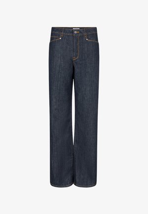 Donkerblauwe denim jeans met een recht ontwerp, vijf zakken, koperen stiksels en een knoopsluiting aan de voorkant. Glad textuur, middelhoge taille.