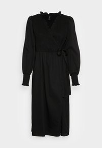 Vestido preto envelope com mangas longas bufantes. Apresenta um corpete franzido, decote com babados e laços na cintura. Design até ao joelho.